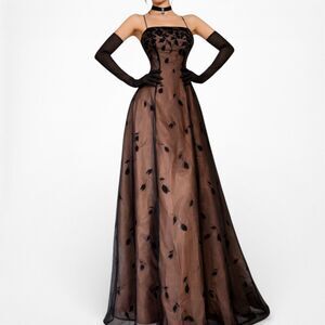 Vintage Y2K 90s Brown Fit Flared Floral Print Velvet Mesh Prom Maxi Dress Size S